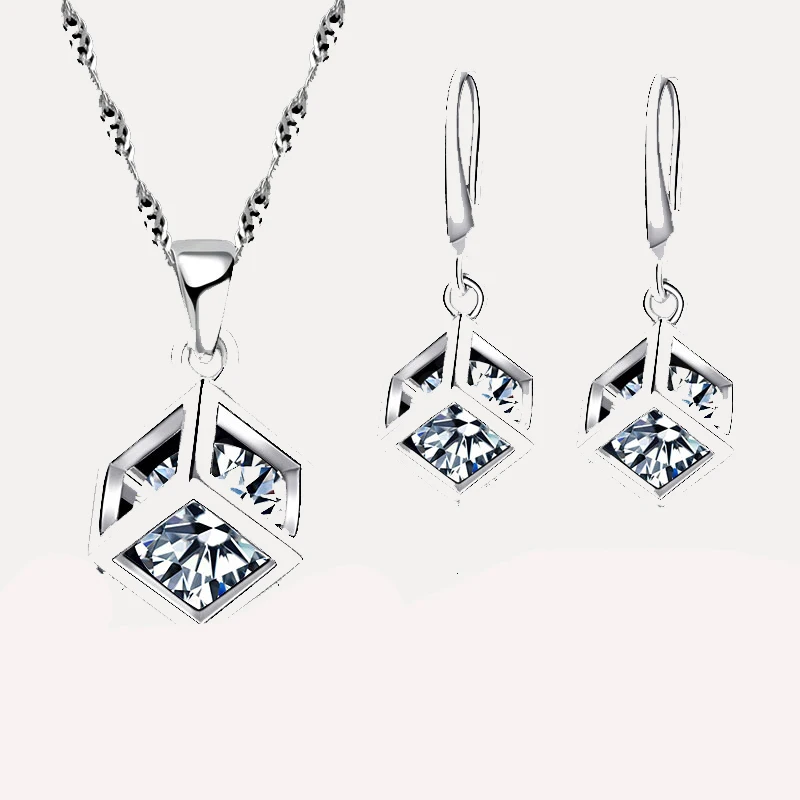 Trendy Design Jewelry Set For Women 925 Sterling Silver Jewelry Set Square Pendant Necklace Earrings Wholesale  Promotion