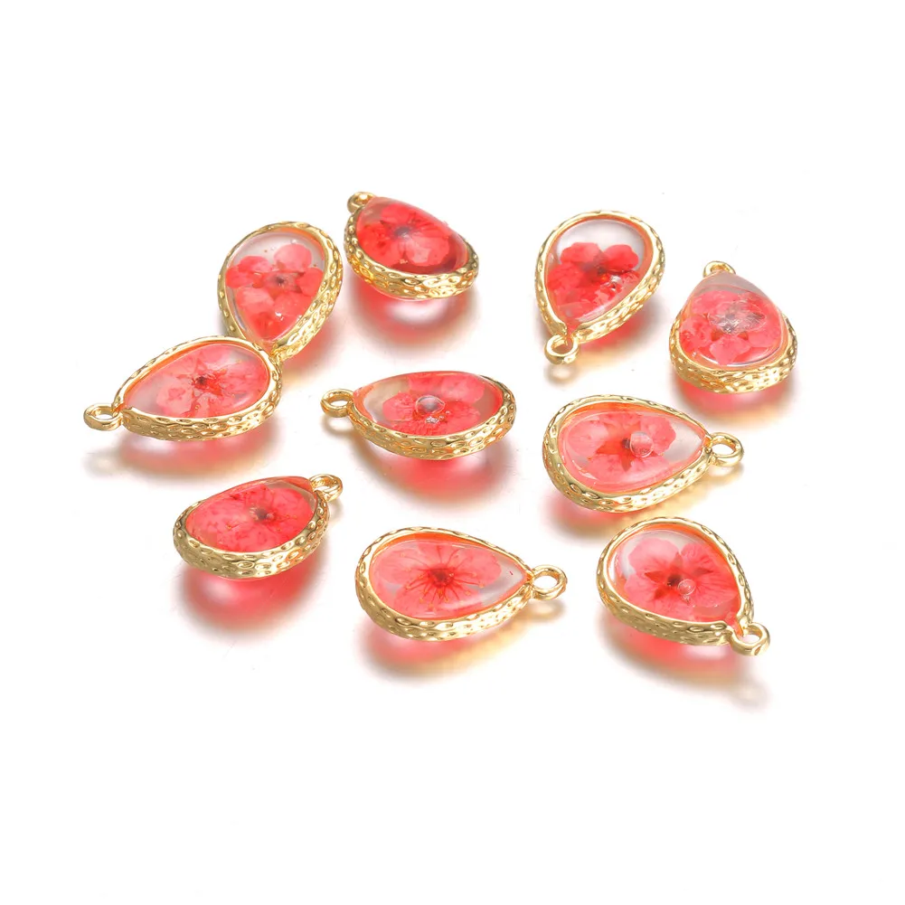 10Pcs/lot Wholesale Copper Specimen Water Drop Glass Dried Flower Charms For Jewelry Making Diy Accessories