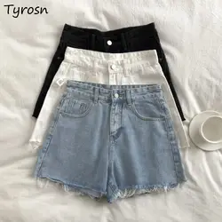 Short en jean taille haute pour femme, ligne de fourrure, denim vintage, monochromatique, chaud, slim, tout match, mode coréenne, jambe large, été