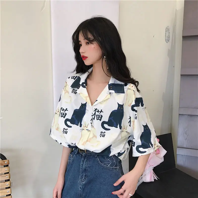 Women\'s Summer Blouse Black Cat Print Short Sleeve T-Shirts Ladies Trend Casual Exotic Japan Style White Women\'s Long Sleeve Top