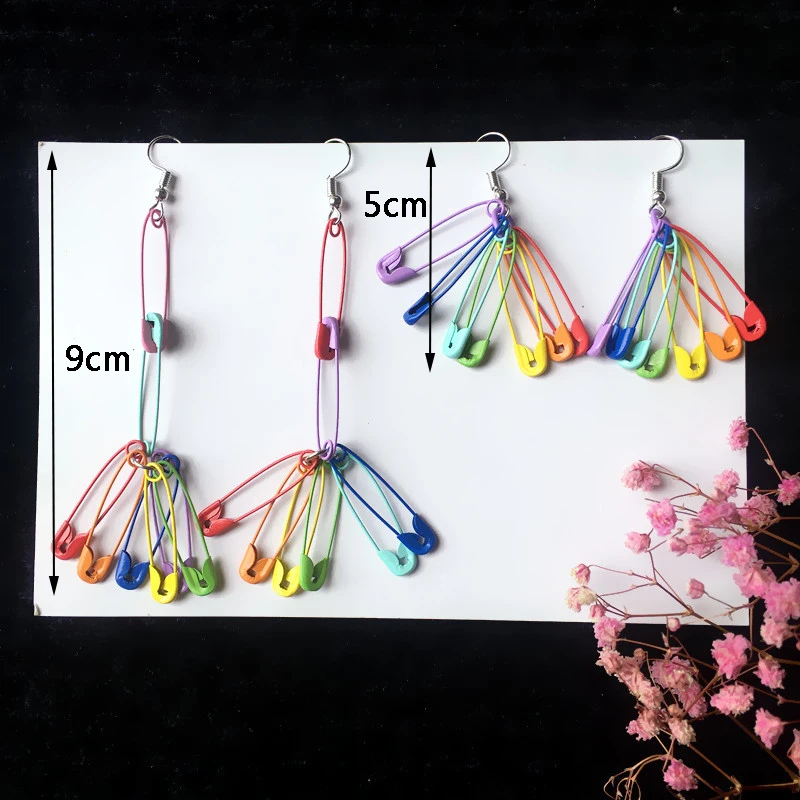 Donarsei 2024 New Fashion Rainbow Safety Pin Earrings For Women Minimalist Colorful Paperclip Drop Earrings Ear Threader Party