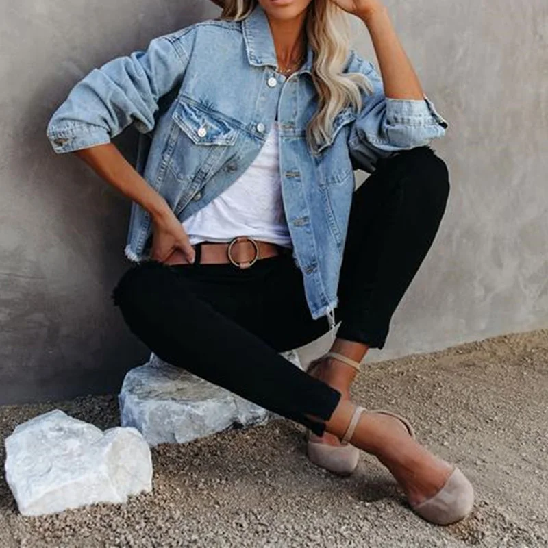 Décontracté automne bleu lavé Denim vestes courtes femmes à manches longues col rabattu simple boutonnage femme manteau Streetwear