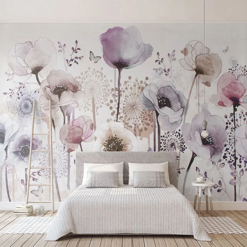 Custom Mural Wallpaper 3D Hand Painted Watercolor Flowers Purple Floral Painting Living Room Bedroom Abstract Art Wall Papers 3D