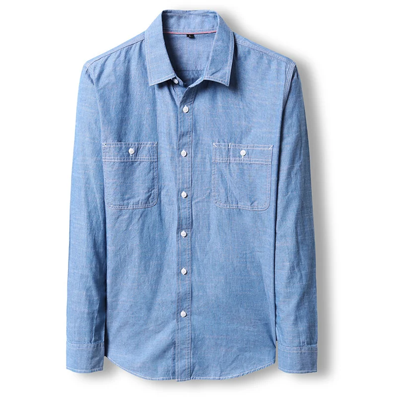 Drehen-unten Männer Kragen Langarm Dünne Denim Shirts Frühling Herbst Casual Tops Solide Farbe Blau Einreiher Shirts männlichen