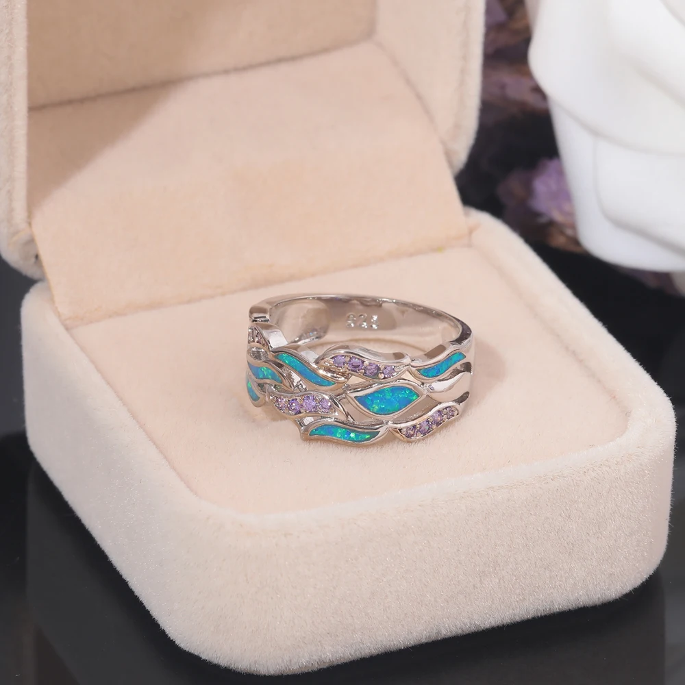 CiNily  Blue Fire Opal Wide Rings With Stone Silver Plated Lilac Ctystal Leafs Fallen Leaves Bohemia BOHO Jewelry Woman Gift