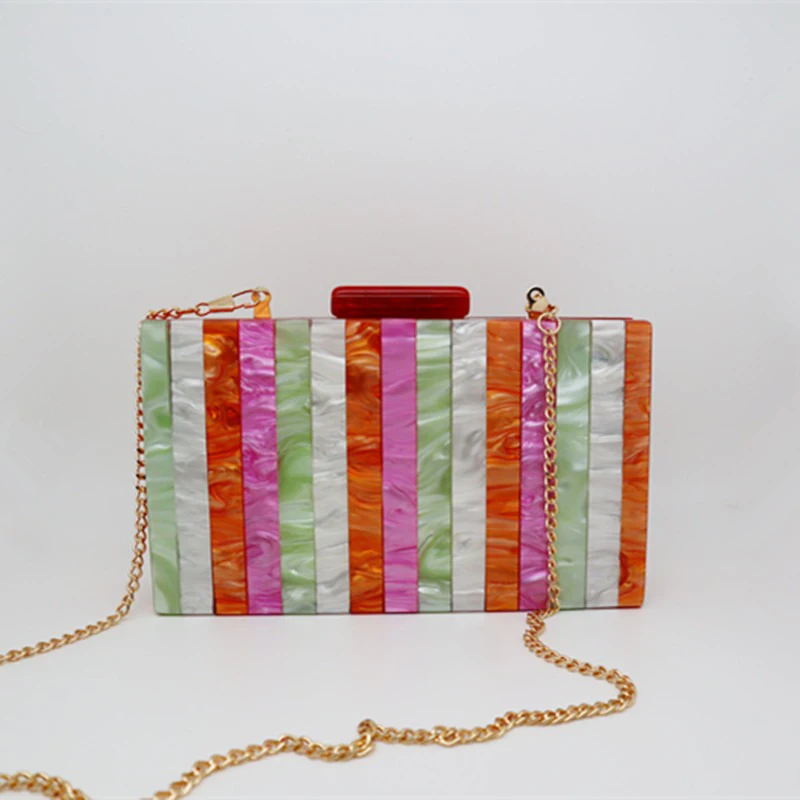 Fashion Striped Acrylic Evening Bags Multicolor Patchwork Chain Handbag Messenger Bag Luxury Designer Wedding Party Clutch Purse