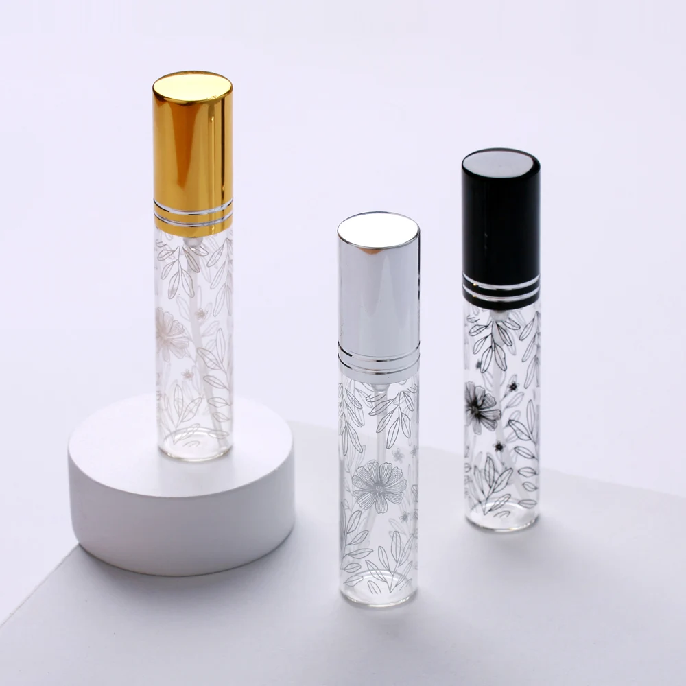 100 teile/los 5ml 10ml tragbare Blumenmuster Glas parfüm flasche mit Zerstäuber leere kosmetische Mini nachfüllbare Flaschen