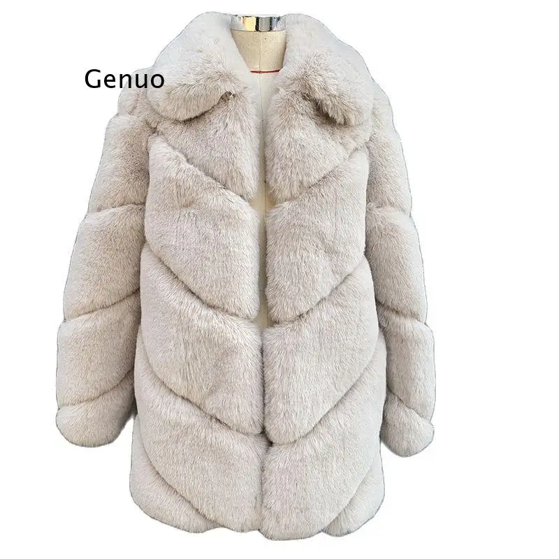 2021 Winter Neue Mode Weiche Faux Kaninchen Fell Mantel Frauen Drehen Unten Kragen Flauschigen Warme Gefälschte Pelz Mäntel Jacke