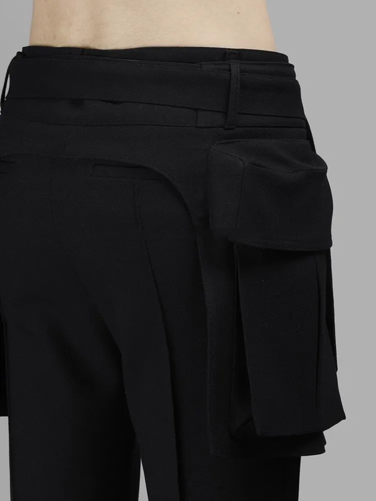 Spring and autumn new men's symmetrical big pocket belt design casual trousers slim elastic legs pencil trousers black trousers