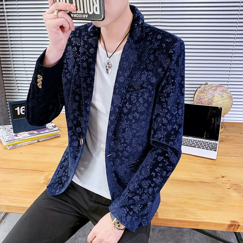 Long Men Sleeve Print Blazer Korean Style Casual Slim Suit Jacket Street Single Button Spring Autumn New Male Outerwear M-3XL