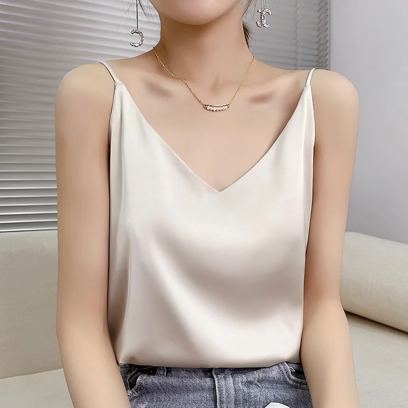 Summer Shiny V Neck Women Satin Silk Harajuku T Shirt Sleeveless Fashion Real Silk Woman Tee Top Casual Female Luxury Sexy