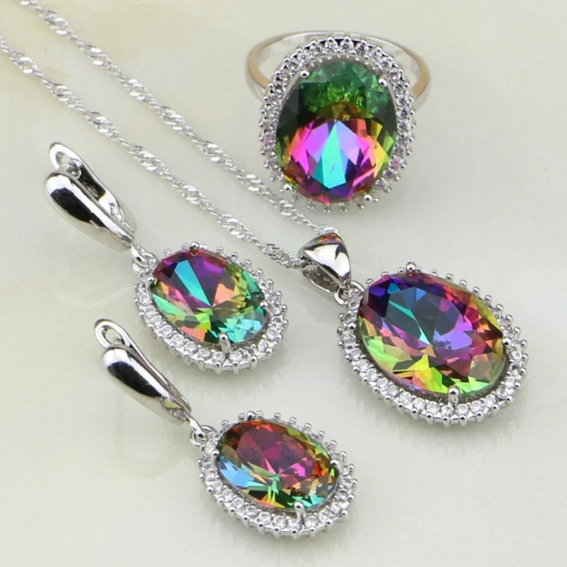 952 Sterling Silver Jewelry Mystic Rainbow Cubic Zirconia White CZ Jewelry Sets For Women Wedding Earrings/Pendant/Necklace/Ring