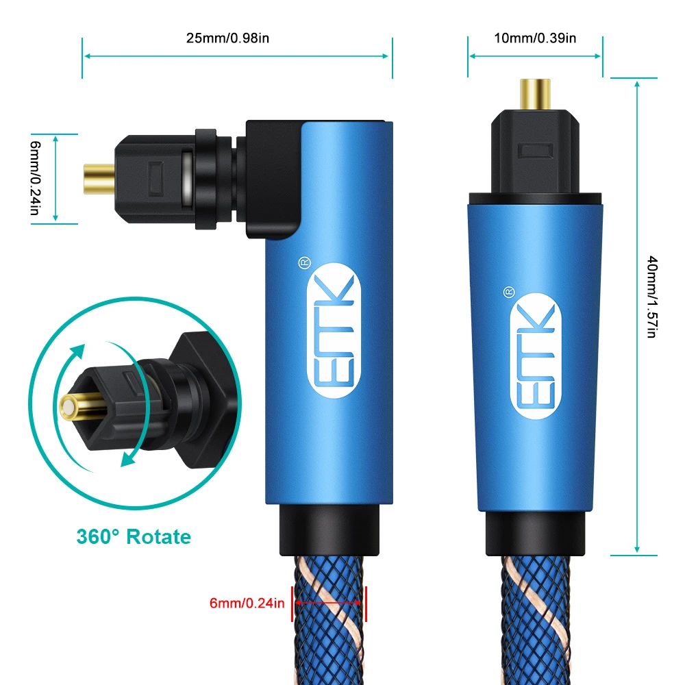 EMK 90 stopni kabel optyczny kąt prosty SPDIF optyczny przewód Audio OD2.2 biały niebieski kabel optyczny DVD Xbox TV blu-ray