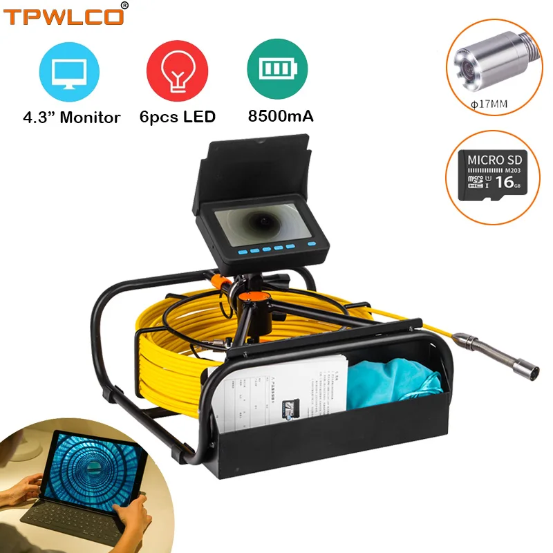 

17mm Sewer Endoscope Camera The Camera Viewing Angle 140degree 10-50m Cable DVR 4.3" Display Drain CCTV Inspection Camera System