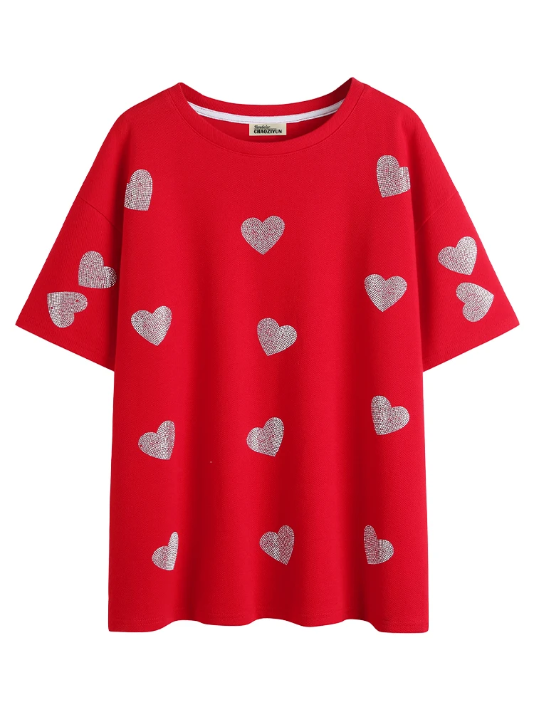 ZuoLunOuBa Summer Light Luxury High Quality Women T Shirt Hot Diamond Love Heart Tees Long Loose Short Sleeve Tops Red Female