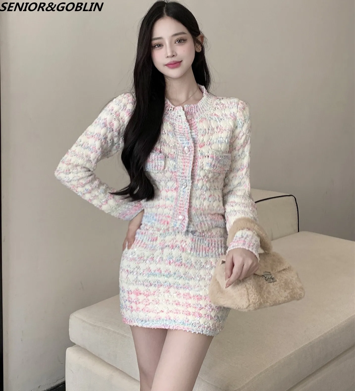 High Quality Vintage Knitted Two Piece Set Women Sweater Cardigan Coat Crop Top+Mini Skirts Sets Fashion Casual 2 Piece Suits