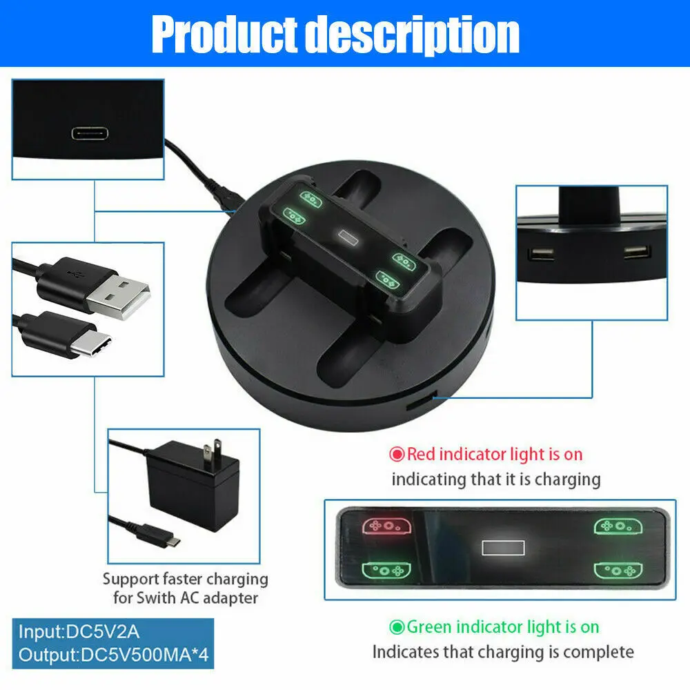 جهاز شحن محطة ل نينتندو سويتش Joycon 2 منافذ USB مؤشرات ضوئية ل نينتندو سويتش أذرع التحكم في ألعاب الفيديو شاحن حامل