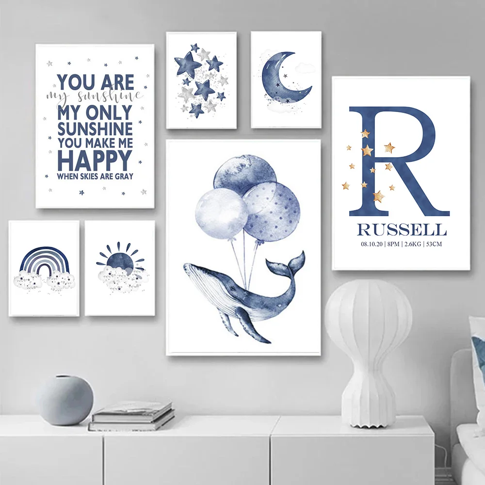 

Custom Name Wall Art Poster Personalize Baby Nursery Canvas Painting Child Bedroom Wall Pictures Print Whale Rainbow Stars Art