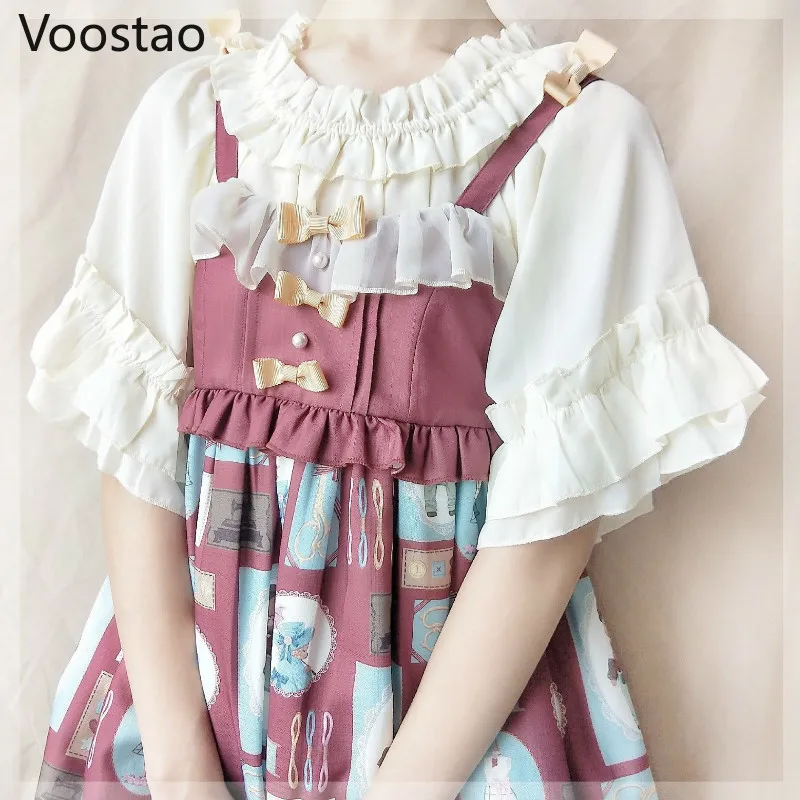 Japanese Style Harajuku Gothic Lolita Shirts Girly Cute Ruffles Short/Long Sleeve Tops Elegant Women Sweet Solid Chiffon Blouses