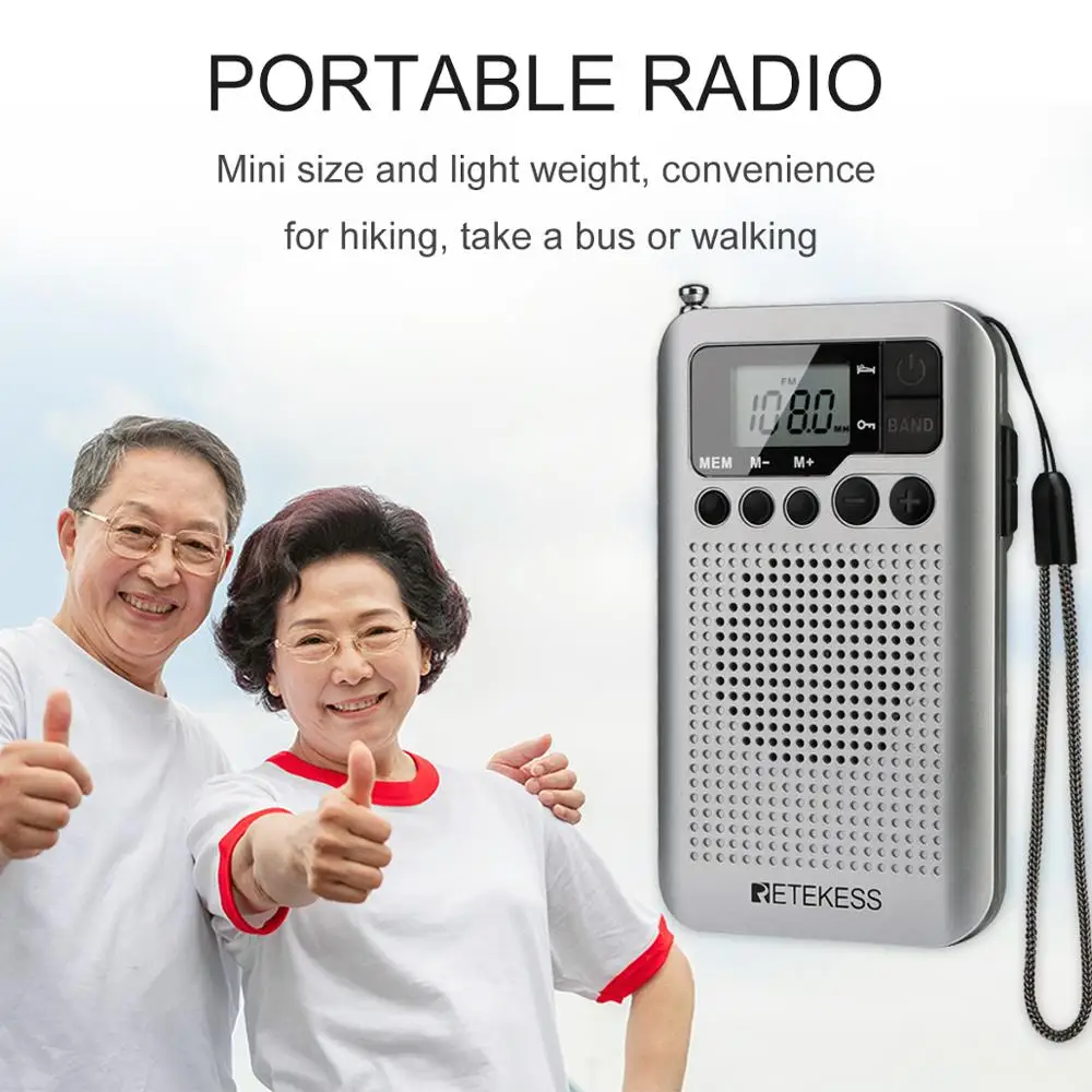 Retekess TR106 mini radio de bolsillo radios portatil am fm radio pequeña AAA pilas altavoz estéreo pantalla LCD toma de auriculares función del reloj