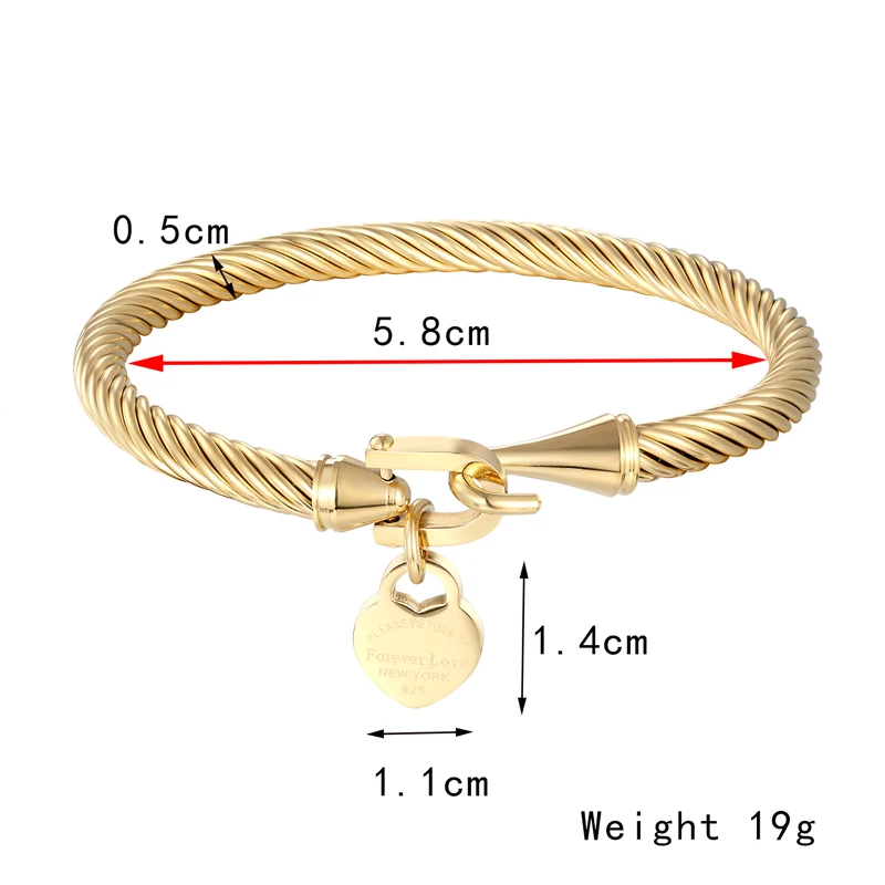 Classic Design Hook Cuffs Hang Peach Heart Charm Bracelets & Bangle For Women Stainless Steel Cable Jewelry Love Pulsera Gift