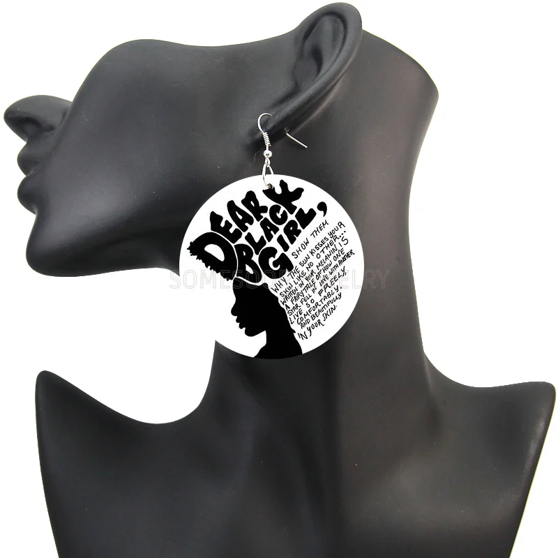 SOMESOOR Dear Black Girl African Woman Wooden Earrings With AFRO Natural Hair Power Words Sayings Printing Drop Earring Jewelry image 4