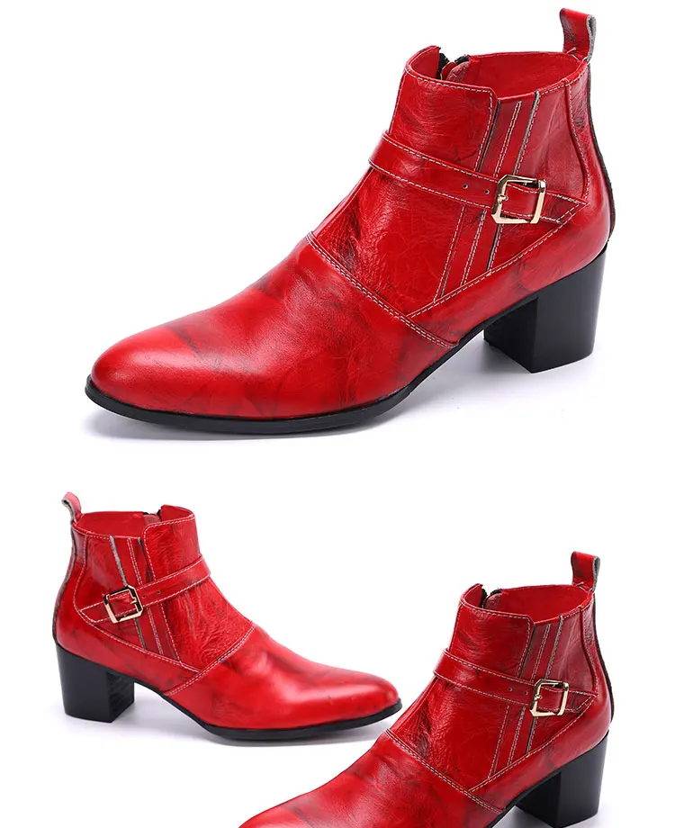 Herbst und Winter spitze High Heels Herren stiefel binden eine Kette Niet Gürtels chnalle dicken Absatz echtes Leder dicke Stöckels tiefel – Detail 7
