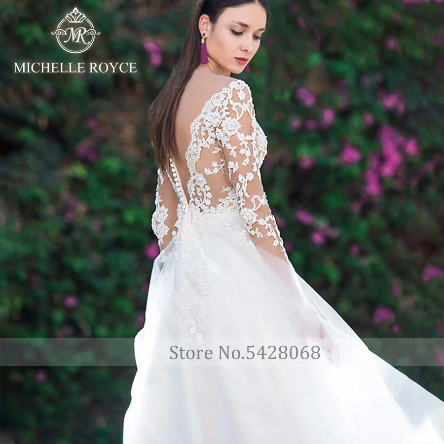 Michelle Royce A-Line Wedding Dresses For Women Sexy V-neck Backless Long Sleeve Cut-out Button Wedding Gown Vestido De Novia