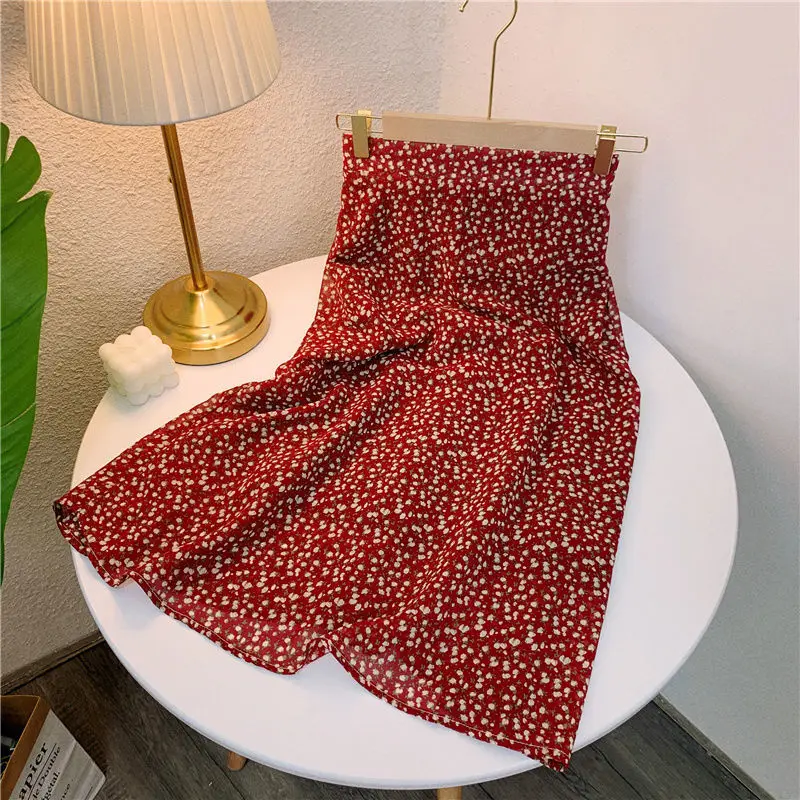 Women Floral Skirts Mid-calf Chiffon Temperament Elegant Female All-match Elastic Waist Tender A-line Leisure Cozy Sweet S-3XL