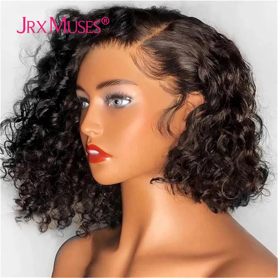 Water Curly Short Bob Human Hair Wigs Pre plucked Side Part Brazilian Remy 13*4 Lace Front Human Hair Wigs Bleached Knots