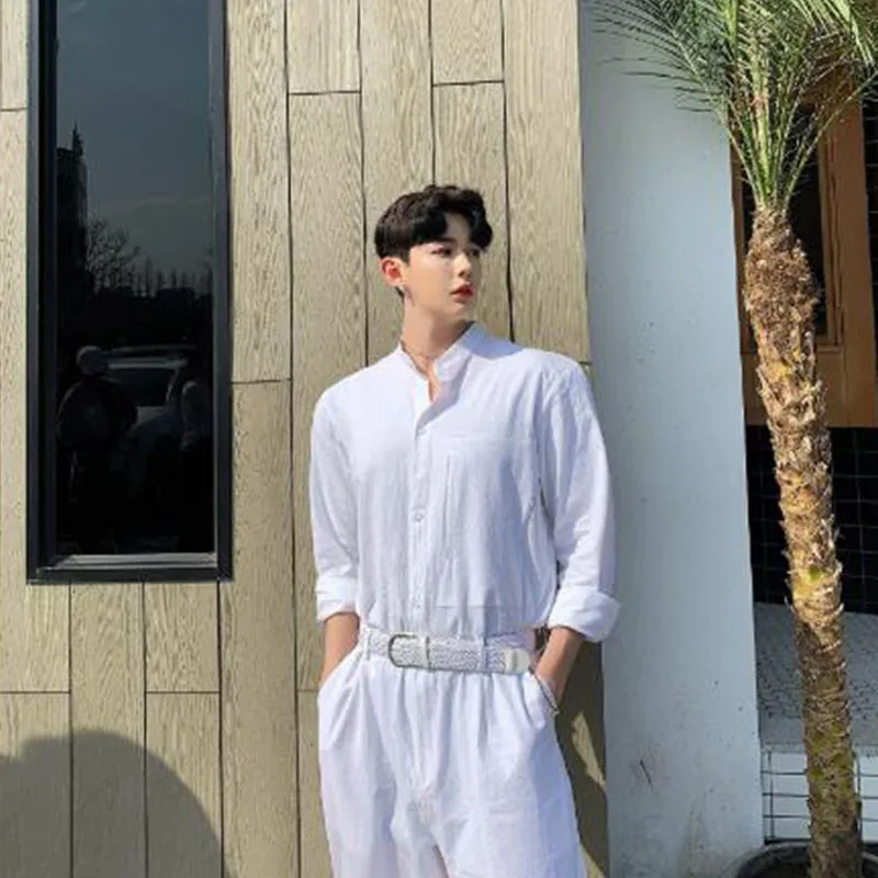 Men Summer Cotton Linen Loose White Jumpsuits Male Long Sleeve Stand Collar Shirt Overalls Pant Streetwear Stage Show Trousers