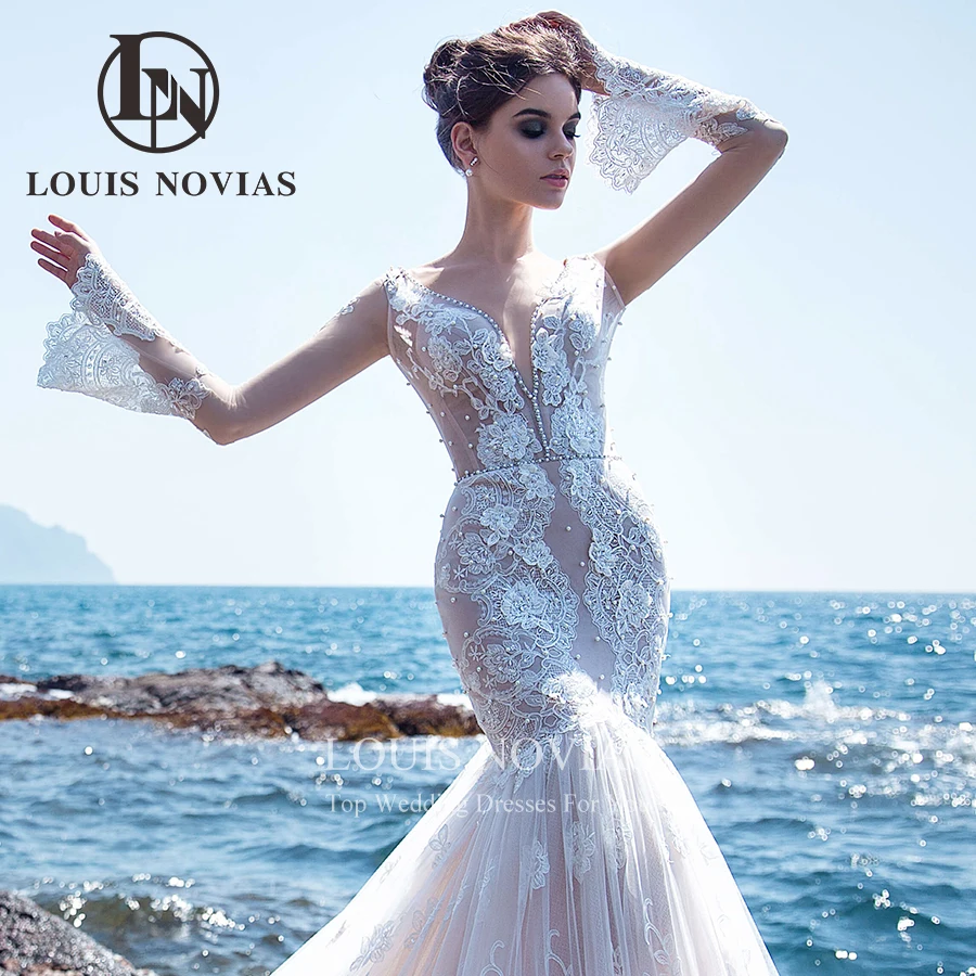 LOUIS NOVIAS 인어 웨딩 드레스, 2022 섬세한 구슬 3D 꽃 아플리케 긴 소매 등이없는 v넥 Vestido De Noiva