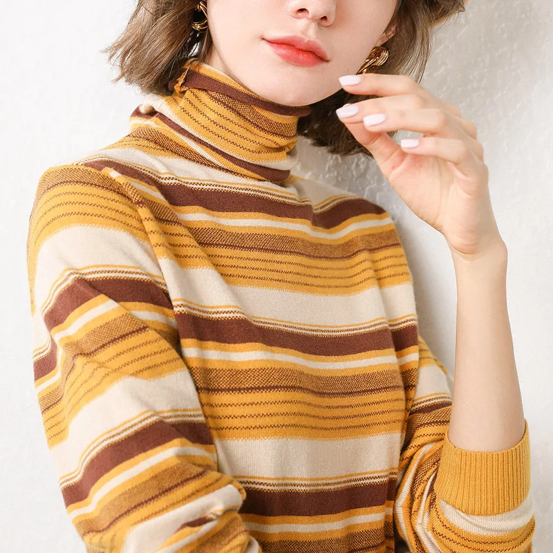 

2020 New Autumn Winter Knitted Wool Sweater Turtleneck Gradient Color Striped Slim Women Wool Sweaters Plus Size Female Sweater