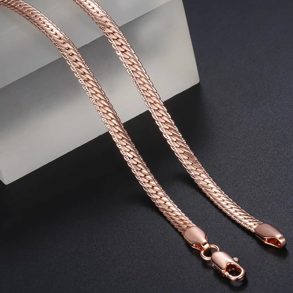 -5mm Necklace Hammered Close Curb Cuban Chain for Womens Mens 585 Rose Gold Color Necklace 50cm 60cm Fashion Jewelry CN03