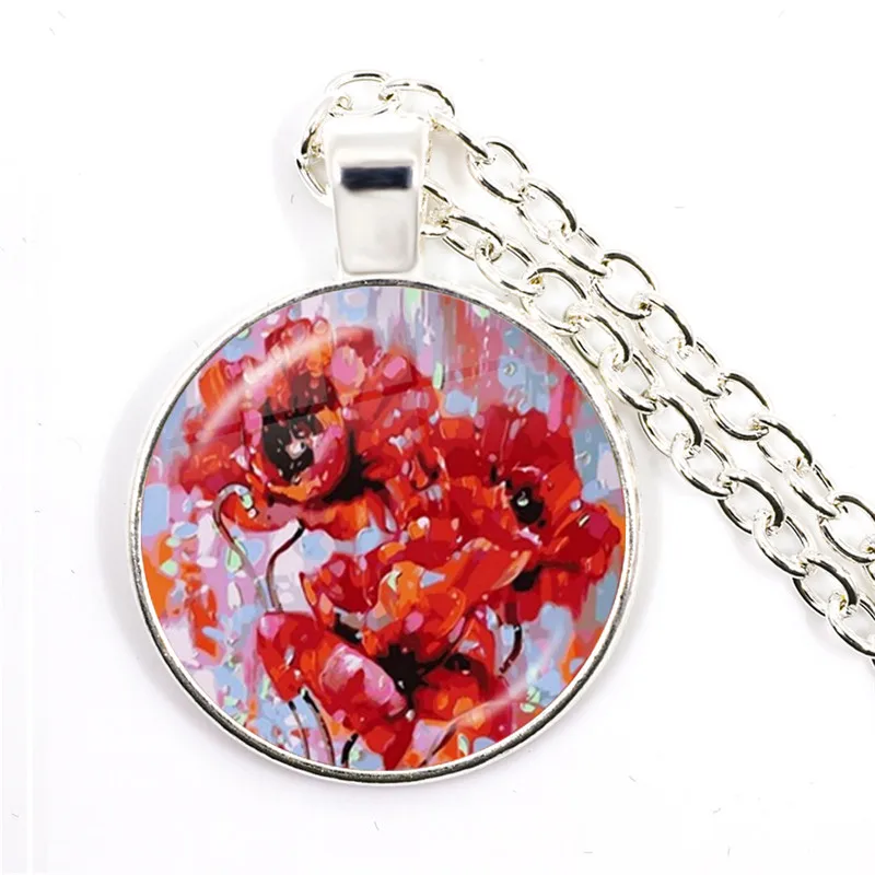 Poppy Flowers Art Pattern Necklace Fashion Silver Color Glass Cabochon Jewelry Simple Style Pendant Charm Women Mens Gift