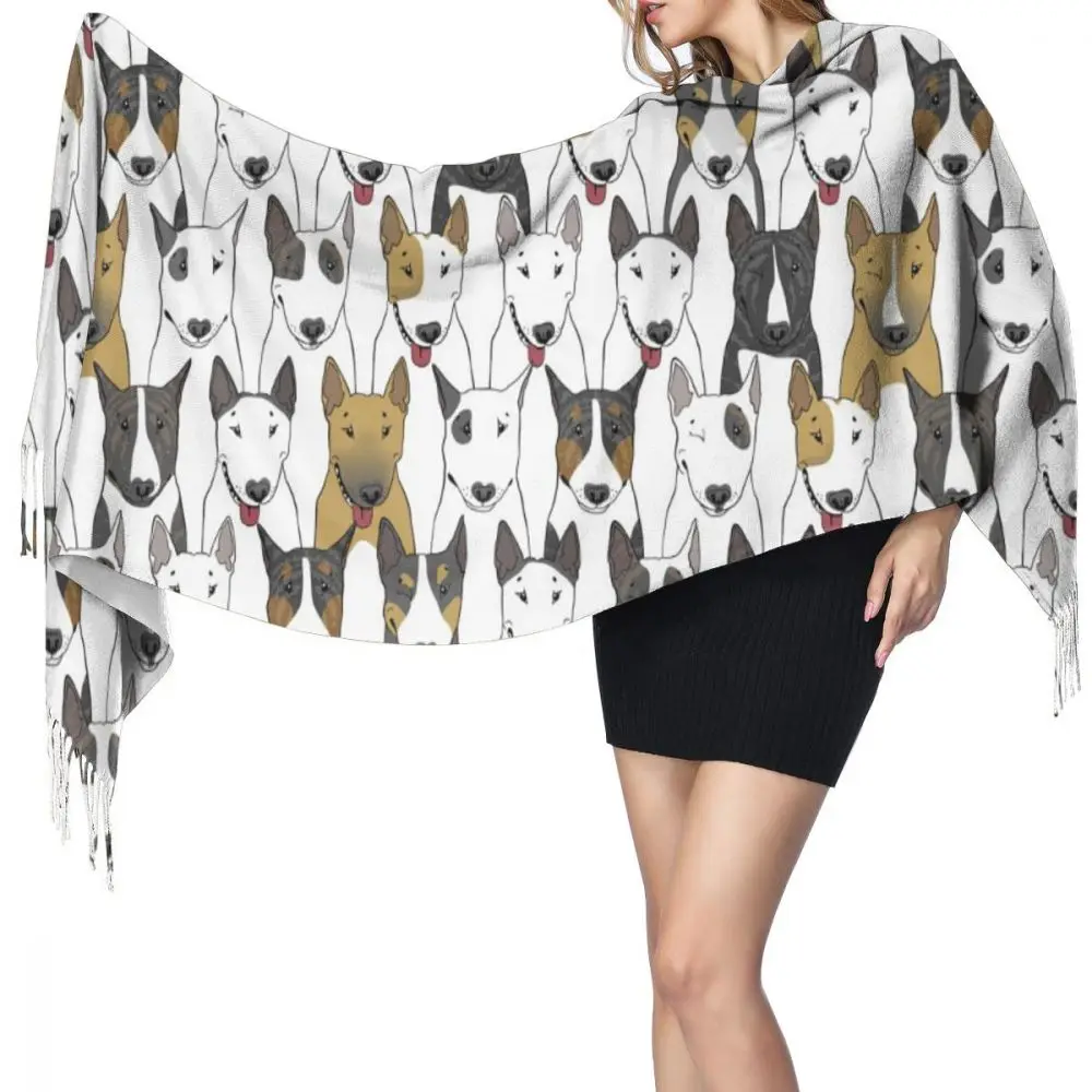 Cute Puppies Bull Terrier Prints Winter Scarf For Women Imitation Cashmere 196*68cm Long Ladies Soft Tassel Shawl Scarf Femme