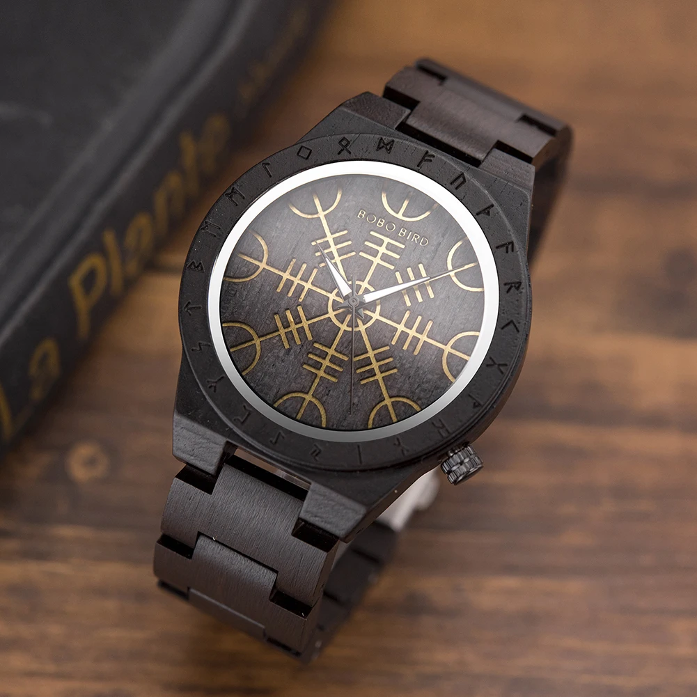 Imagem -04 - Bobo Pássaro-relógio de Pulso Único Runic Circle Masculino Símbolo Dourado do Relógio Vegvisir Relógio de Quartzo Personalizado Leve