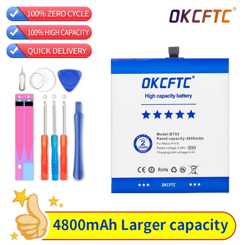 OKCFTC BT53 BT53S 4800mAh High Capacity Battery for Meizu PRO 6 / Pro 6s / PRO6s Batteries Free tools Stand Holder Stickers