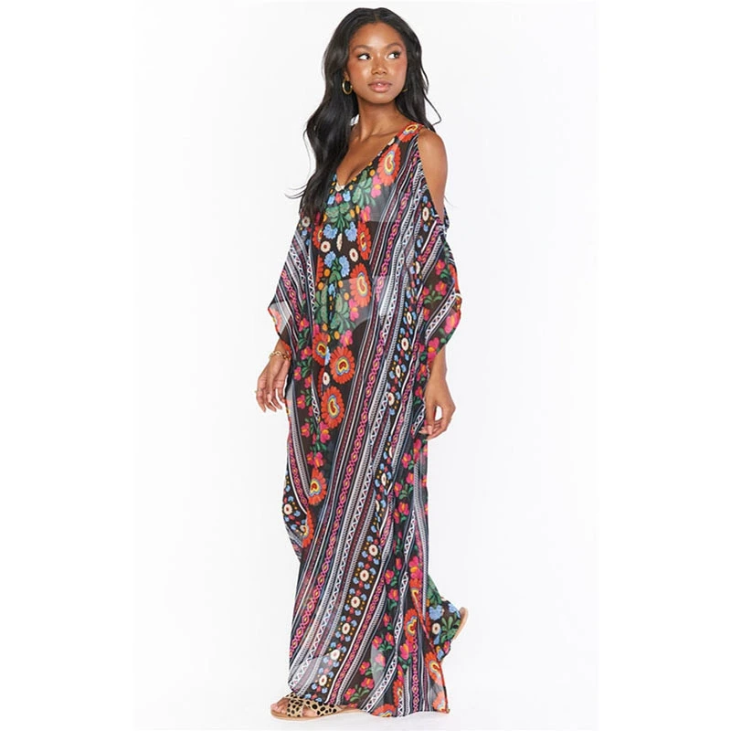 Off Shoulder Maxi Jurk Semi-Sheer Chiffon Flowy Bloemen Boho Beach Party Gown Dashiki Levendige Kleur Kiel Jurk Resortwear gewaad