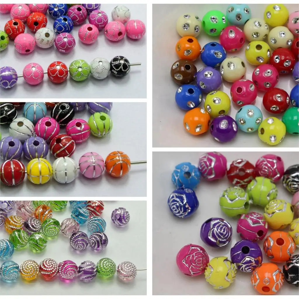 200 Mixed Colour Sparkling Silver Acrylic Round Beads 8mm Various Pattern