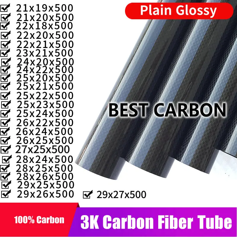 Free shiping 21 22 23 24 25 26 27 28 29mm with 500mm length High Quality Plain glossy 3K Carbon Fiber Fabric Wound Tube