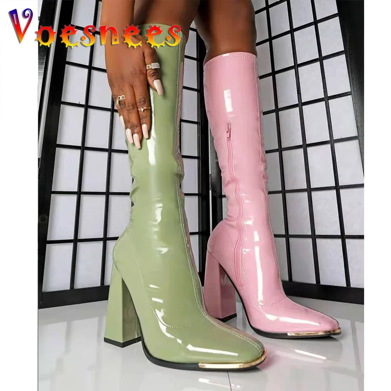 Female Square Head Knee-High Long Tube Boots INS Hot Net Red Chunky High Heels Bright Leather Fashion Side Zip Women Club Shoes