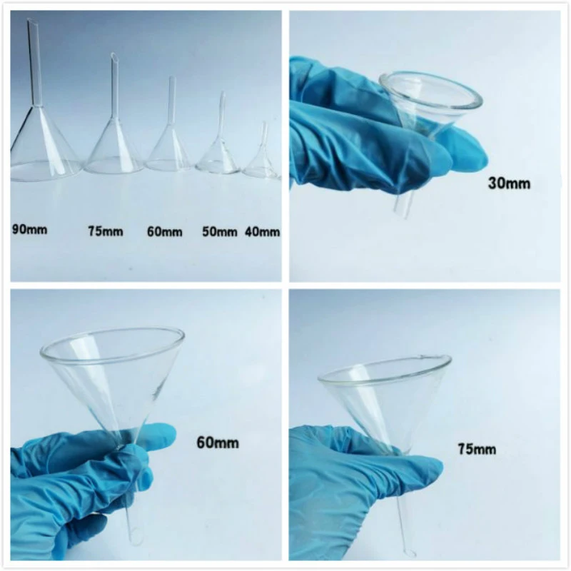 30mm/40mm/50mm/60mm/75mm/90mm miniaturowe szkło laboratoryjne lejek ze szkła borokrzemowego trójkąt lejek materiały laboratoryjne narzędzia
