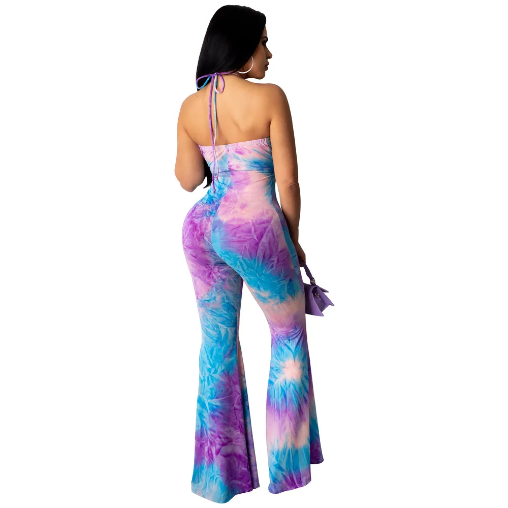 Women Summer Sexy Print Jumpsuits Rompers Gilr Casual Halter Print Lace Up Overalls Jumpsuit Sleeveless Slim Club Party Jumpsuit