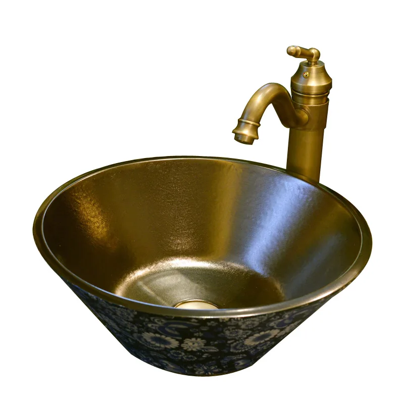 Chinese Classical Table Basin Creative Ceramic Basin Art Inter-Platform Basin Gold Plated Rain-Hat Shaped Bowl Shape Washbasin