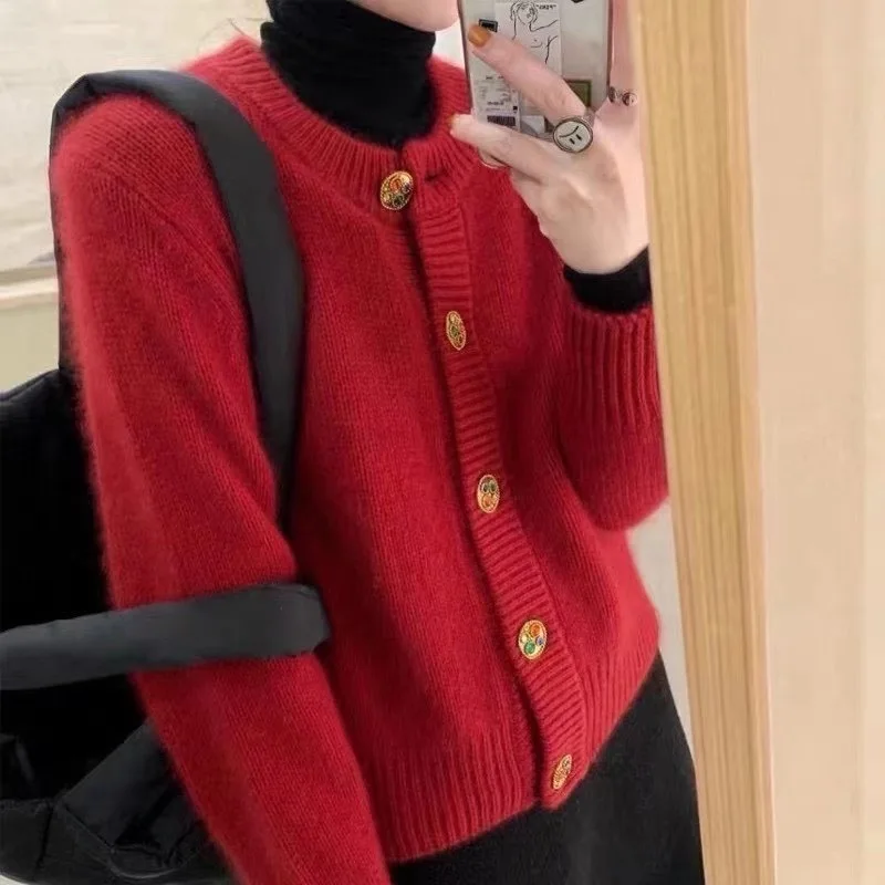 Spring And Autumn Fashion New Long Sleeve Round Neck Solid Color Sweater Women Western Style Loose Knit Cardigan Jacket