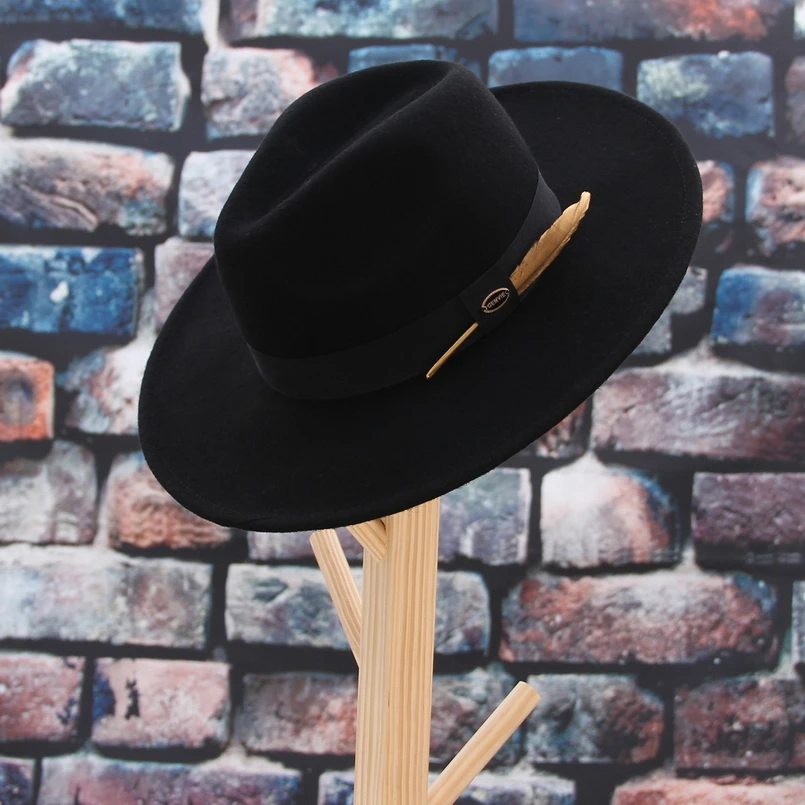 GEMVIE New 100% Wool Felt Hat Cowgirl Hat Wide Brim Fedora For Man/Women Striped Feather Band Autumn Winter Panama Jazz Cap