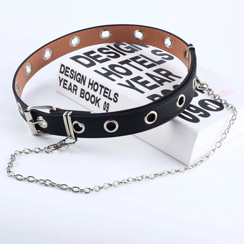 Women Punk Chain Belt Adjustable Black Double/Single Eyelet Leather Buckle Belt