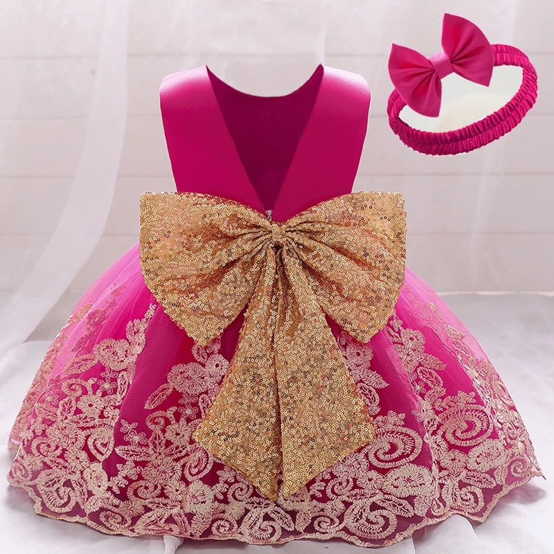 Toddler Baby Baptism Dress For Girls Infant 1 Year Birthday Party Dress Sequins Bow Wedding Princess Dress Children Clothes