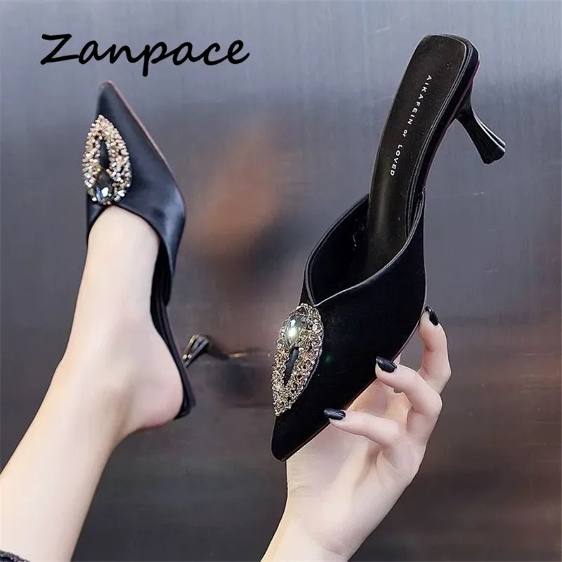 2021 Fashion Slippers Women Sandals Indoor High Heels Slip on Shoes Summer Thin Heeled Women Shoes Pointed Top Woman Slides